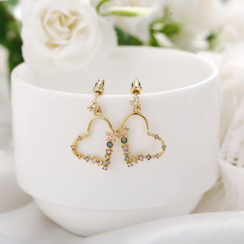 

Rhinestone Heart Drop Earrings, Gold