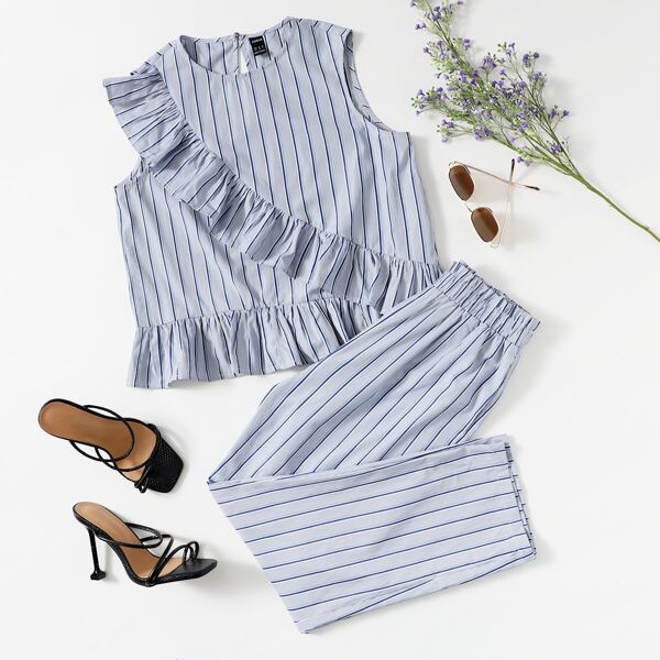 

Ruffle Trim Striped Tank Top & Pants Set, Dusty blue