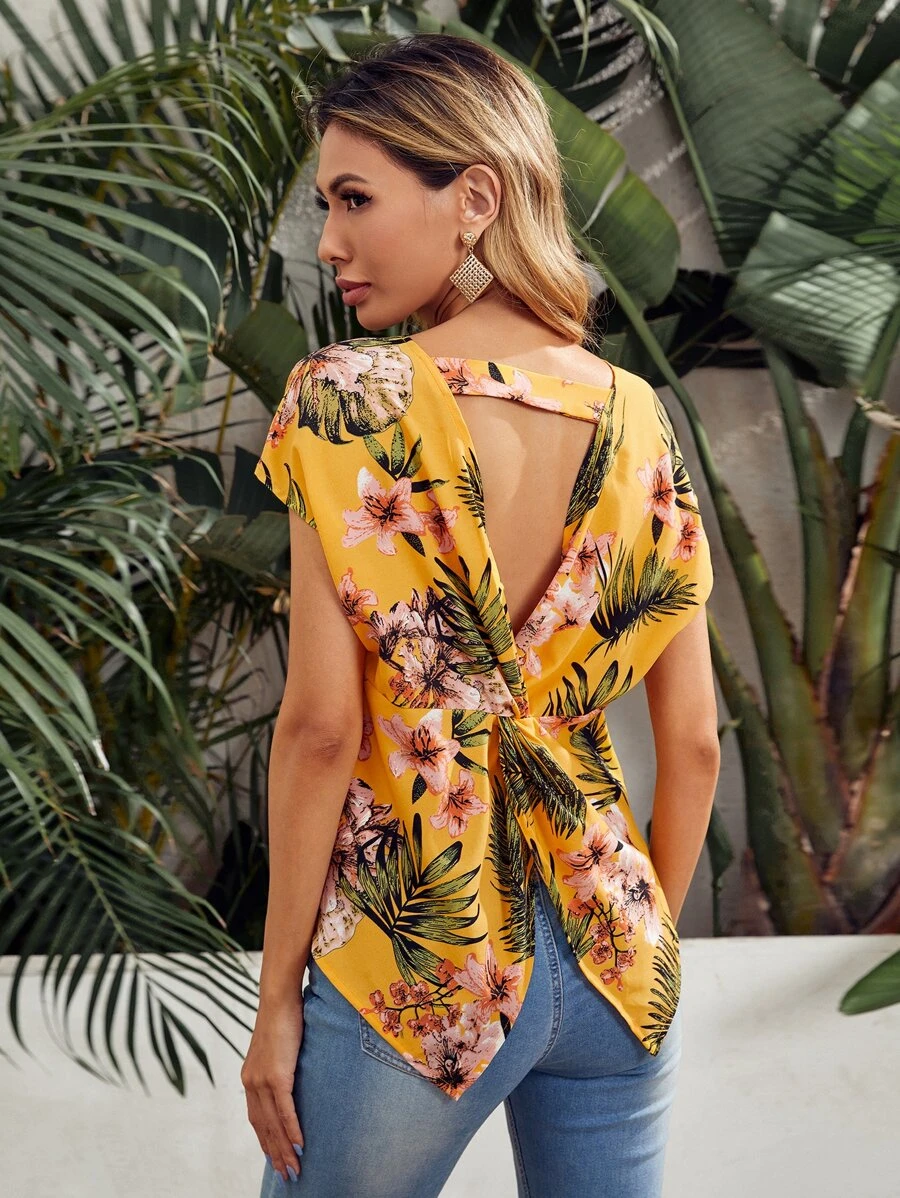 SHEIN VCAY Plants Print Twist Back Cut Out Top - Yellow - View 1