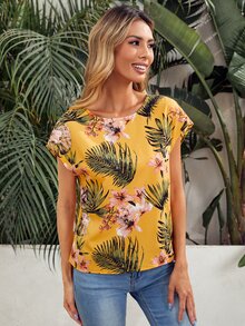 SHEIN VCAY Plants Print Twist Back Cut Out Top - Yellow - View 4