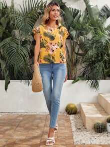 SHEIN VCAY Plants Print Twist Back Cut Out Top - Yellow - View 5