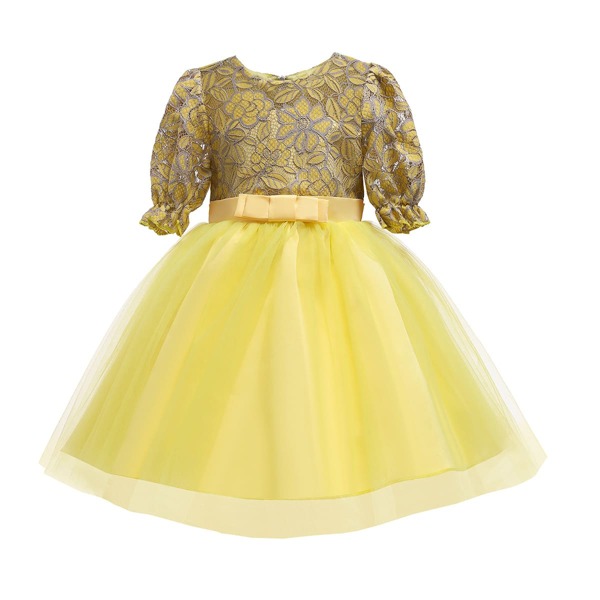 

Toddler Girls Contrast Lace Bow Mesh-hem Party Dress, Yellow