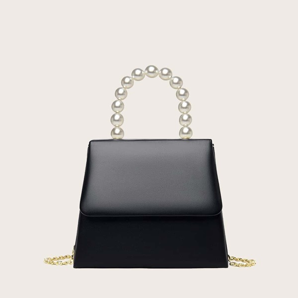 

Faux Pearl Decor Flap Satchel Bag, Black