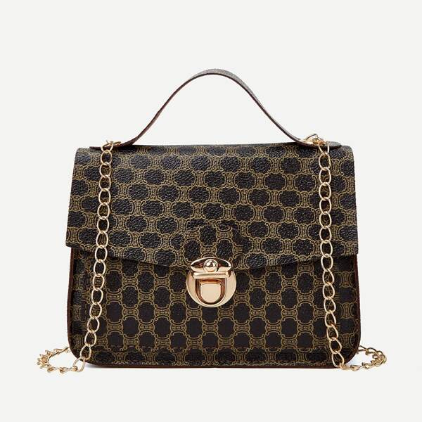 

Graphic Push Lock Flap Satchel Bag, Coffee brown