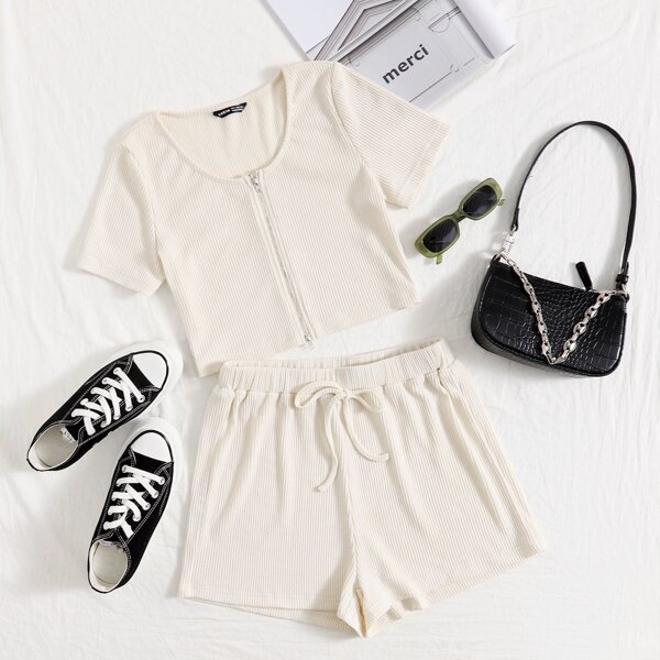 

Zip Up Rib Knit Top & Shorts Set, Beige