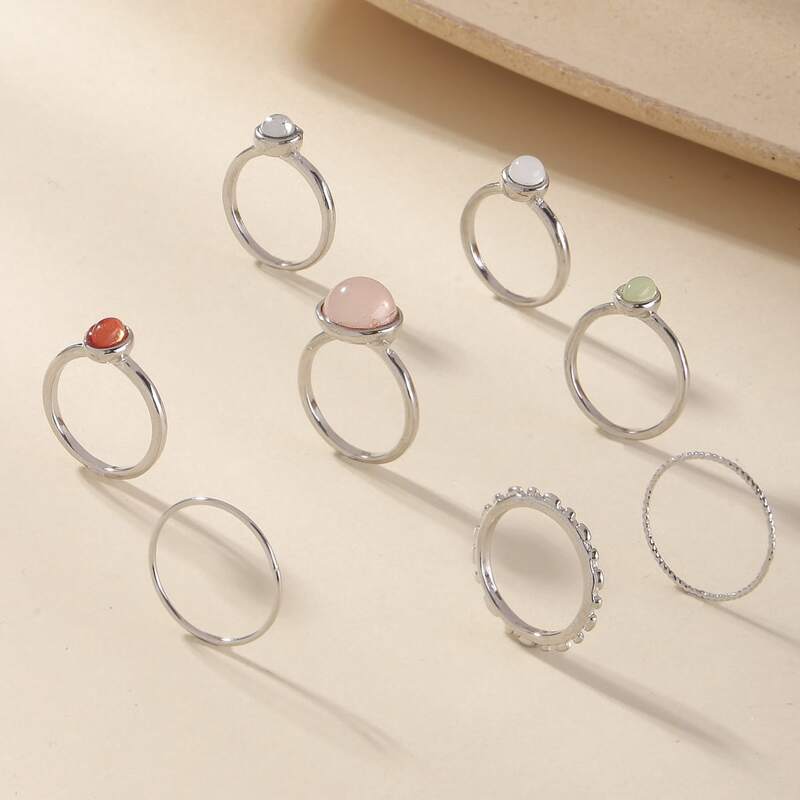 

8pcs Gemstone Decor Ring, Silver