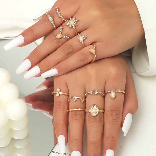 

12pcs Rhinestone Decor Ring, Gold