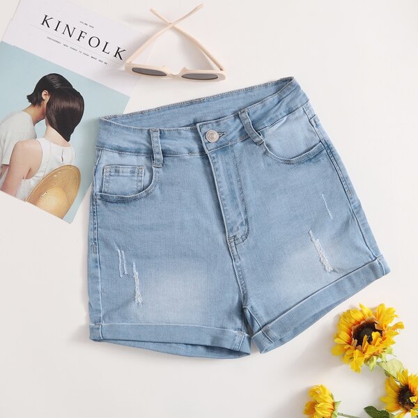 

High Waist Bleach Wash Ripped Denim Shorts, Light wash