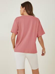 SHEIN BASICS 含棉落肩袖素色T恤 - 藕粉色 - 查看 2
