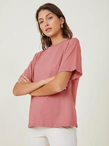SHEIN BASICS 含棉落肩袖素色T恤 - 藕粉色 - 查看 3