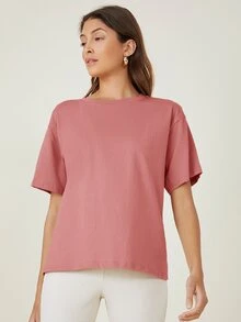 SHEIN BASICS 含棉落肩袖素色T恤 - 藕粉色 - 查看 4