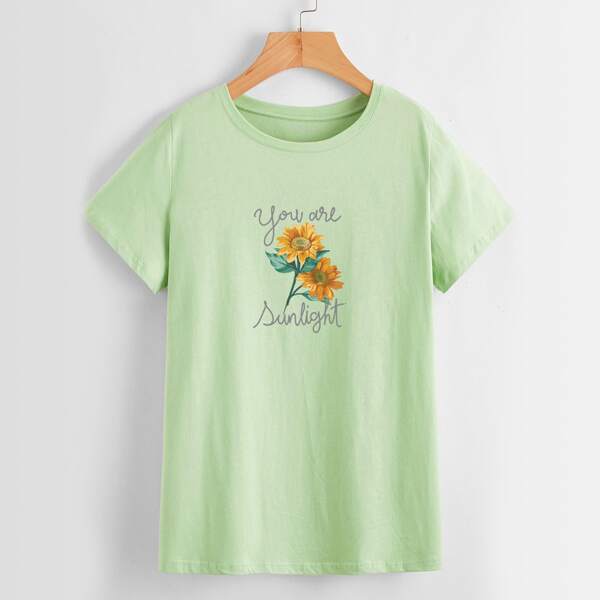 

Slogan & Sunflower Print Short Sleeve Tee, Mint green