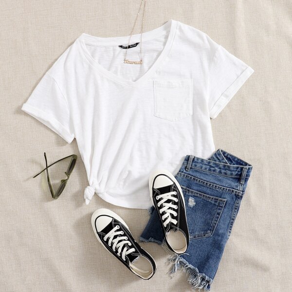 

V-neck Pocket Patched Tee, White
