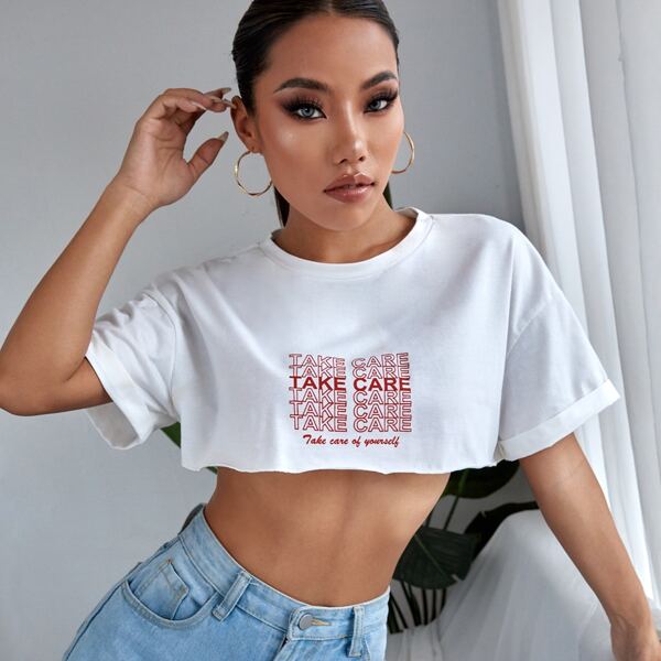 

Slogan Graphic Drop Shoulder Crop Tee, White