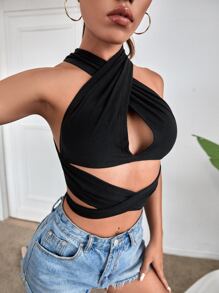 Top cruzado con tiras cruzadas con abertura delantera - Negro - Ver 1