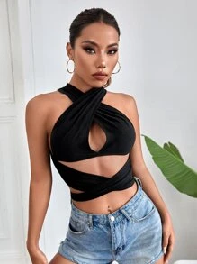 Top cruzado con tiras cruzadas con abertura delantera - Negro - Ver 3