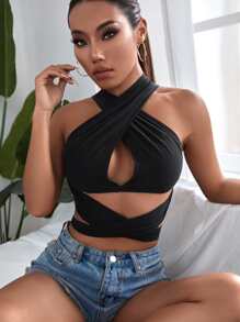 Top cruzado con tiras cruzadas con abertura delantera - Negro - Ver 5