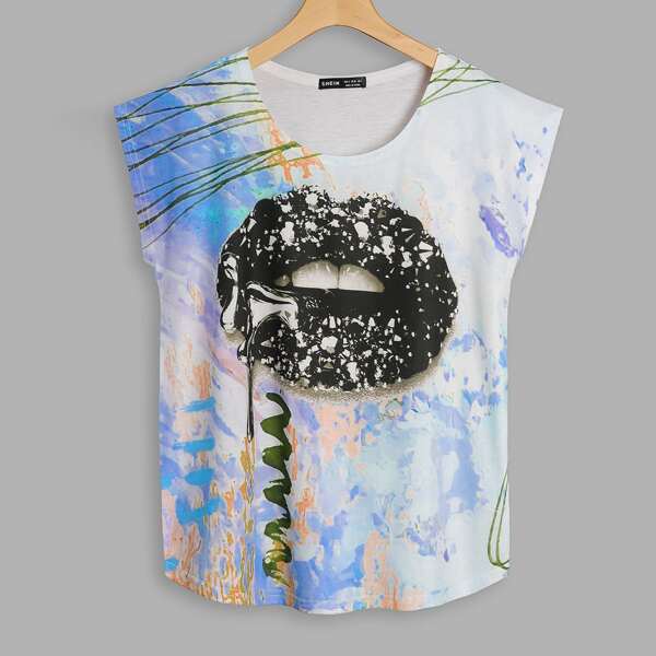 

Lip And Graphic Print Batwing Sleeve Tee, Multicolor