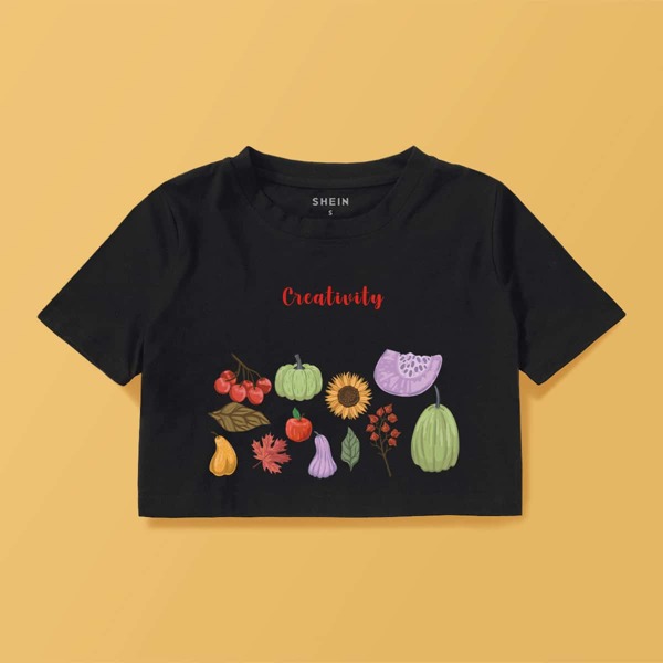 

Fruit & Letter Print Crop Tee, Black
