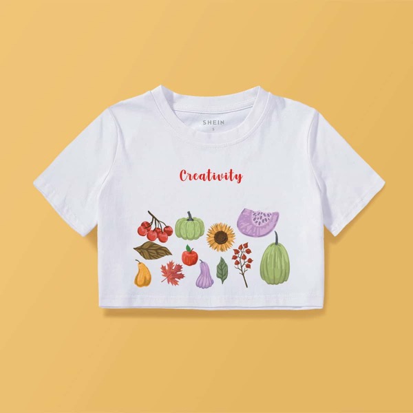 

Fruit & Letter Print Crop Tee, White