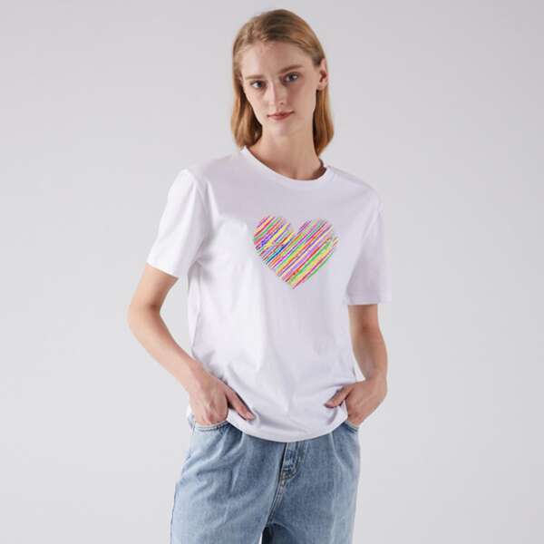 

Heart Print Round Neck Tee, White