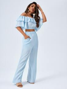 Firerie 露肩短版上衣和紙袋腰喇叭褲套裝 - 淺藍色 - 查看 3