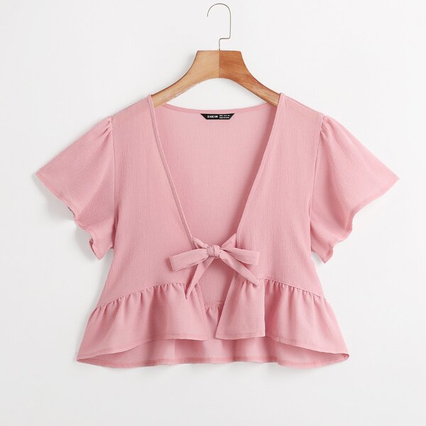 

Ruffle Hem Tie Front Top, Baby pink