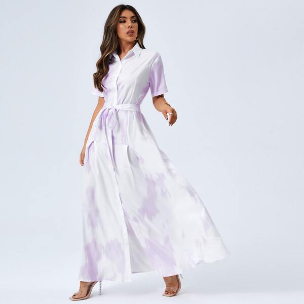 

Button Front Belted Tie Dye Dress, Purple