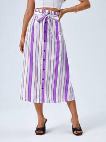 Paperbag Waist Belted Button Front Striped Skirt - Purple - View 1