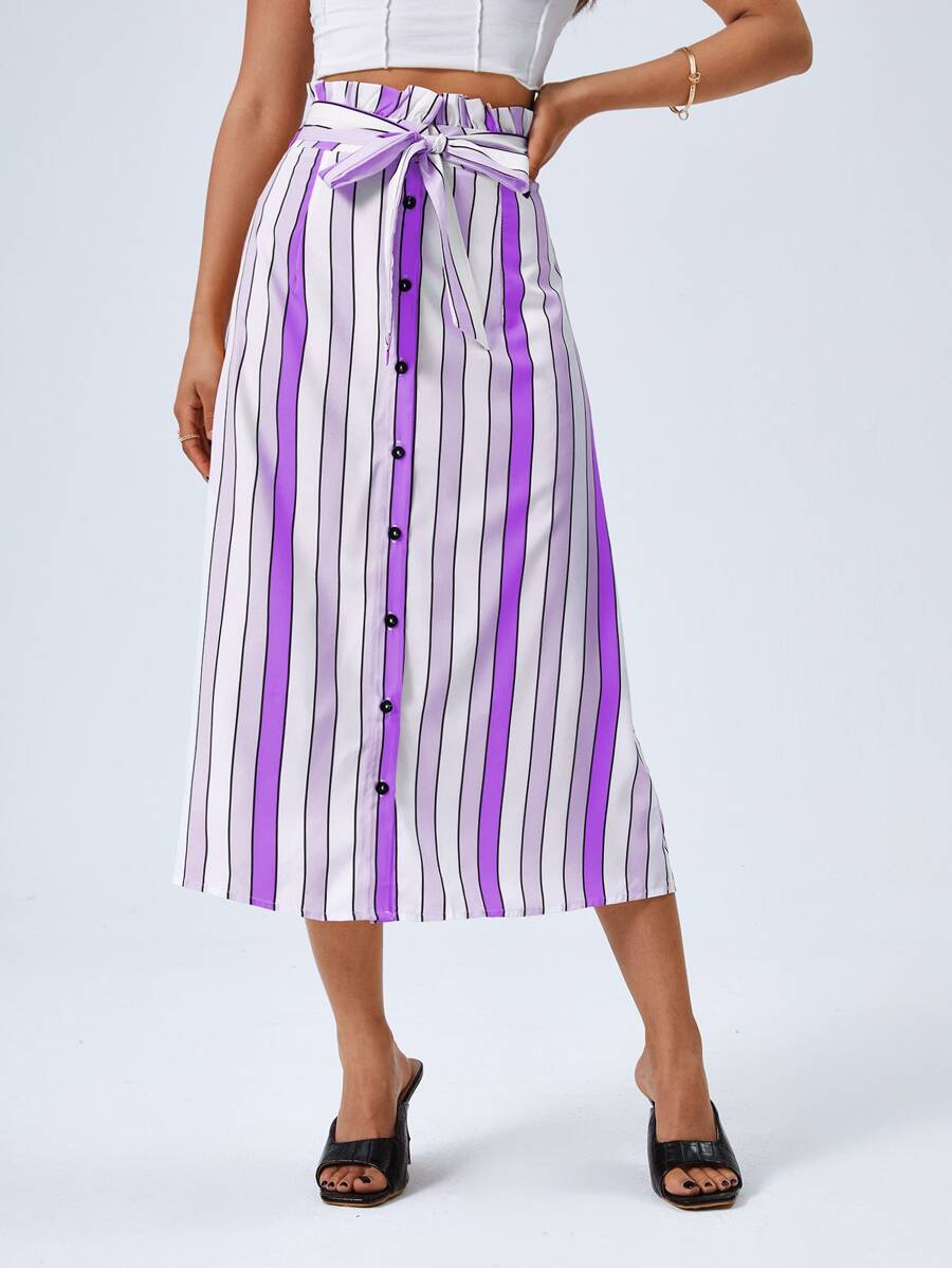 Paperbag Waist Belted Button Front Striped Skirt - Purple - View 1