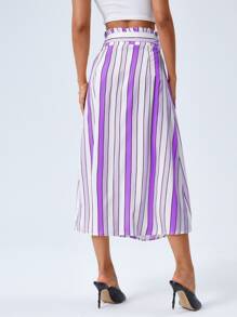 Paperbag Waist Belted Button Front Striped Skirt - Purple - View 2