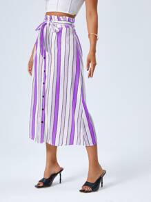Paperbag Waist Belted Button Front Striped Skirt - Purple - View 3