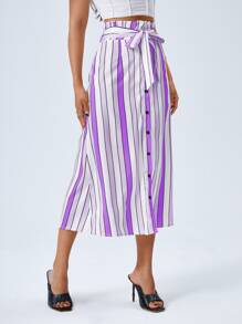 Paperbag Waist Belted Button Front Striped Skirt - Purple - View 4