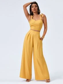 SHEIN VCAY Tie Shoulder Cami Top & Wide Leg Trousers Set - Yellow - View 1