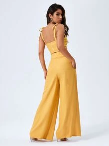 SHEIN VCAY Tie Shoulder Cami Top & Wide Leg Trousers Set - Yellow - View 2