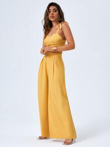 SHEIN VCAY Tie Shoulder Cami Top & Wide Leg Trousers Set - Yellow - View 3