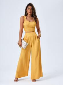 SHEIN VCAY Tie Shoulder Cami Top & Wide Leg Trousers Set - Yellow - View 4