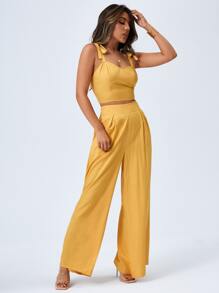 SHEIN VCAY Tie Shoulder Cami Top & Wide Leg Trousers Set - Yellow - View 5
