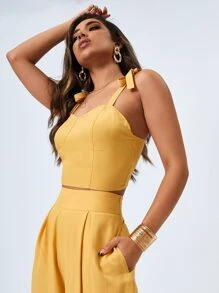 SHEIN VCAY Tie Shoulder Cami Top & Wide Leg Trousers Set - Yellow - View 6