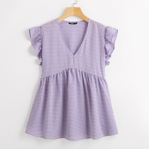 

Plus Gingham V-neck Peplum Blouse, Lilac purple