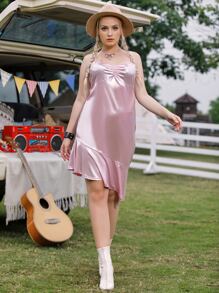 Vestido De Tirantes Con Dobladillo Asimétrico De Lentejuelas Satinadas Rizadas Para Mujer De Talla Grande