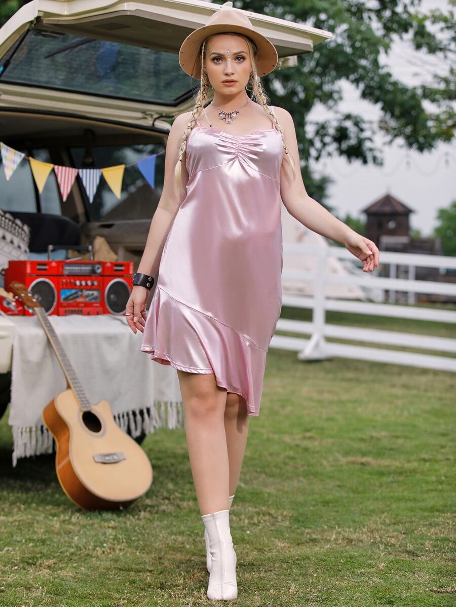 Vestido De Tirantes Con Dobladillo Asimétrico De Lentejuelas Satinadas Rizadas Para Mujer De Talla Grande