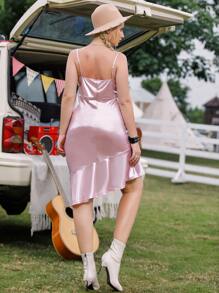 Vestido De Tirantes Con Dobladillo Asimétrico De Lentejuelas Satinadas Rizadas Para Mujer De Talla Grande