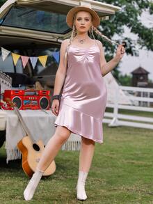 Vestido De Tirantes Con Dobladillo Asimétrico De Lentejuelas Satinadas Rizadas Para Mujer De Talla Grande