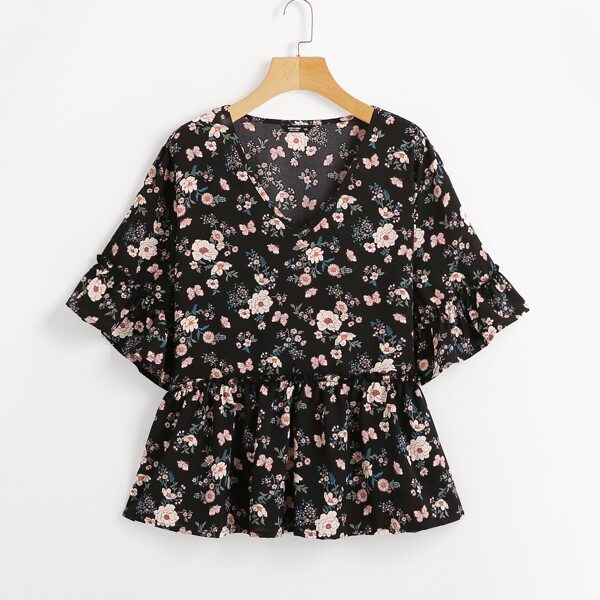 

Plus Flower Print Babydoll Blouse, Black