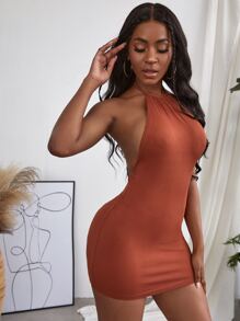 SHEIN Slayr Backless Halter Neck Bodycon Dress - Rust Brown - View 4