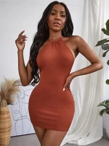 SHEIN Slayr Backless Halter Neck Bodycon Dress - Rust Brown - View 5