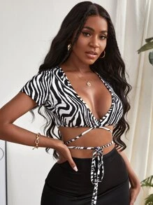 SHEIN Slayr Áo nữ Hội Chữ thập Sọc ngựa vằn Gợi cảm - Đen và trắng - Xem 5