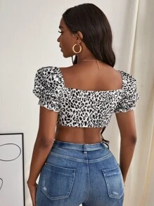 SHEIN SXY Puff Sleeve Tie Front Leopard Crop Top - Black and White - View 2