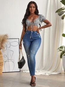SHEIN SXY Puff Sleeve Tie Front Leopard Crop Top - Black and White - View 3